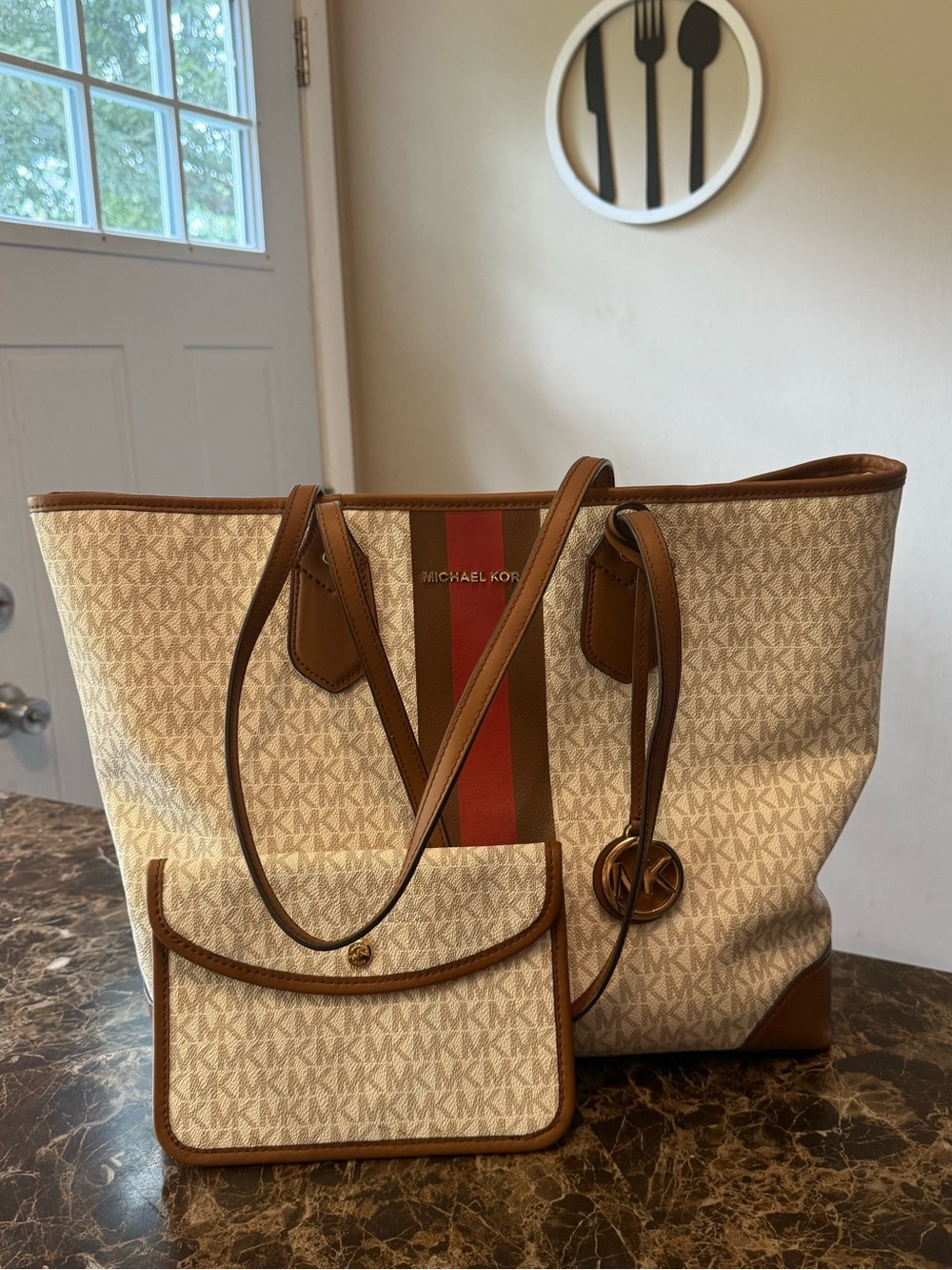 Michael Kors Beige Monogram Tote with Red Stripe and Tan Trim
